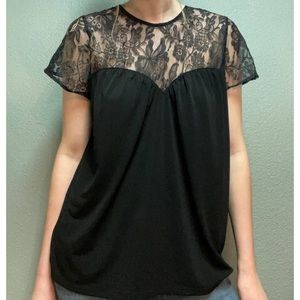 Express Black Lace Top Shirt High Neck Sweetheart Neckline - medium